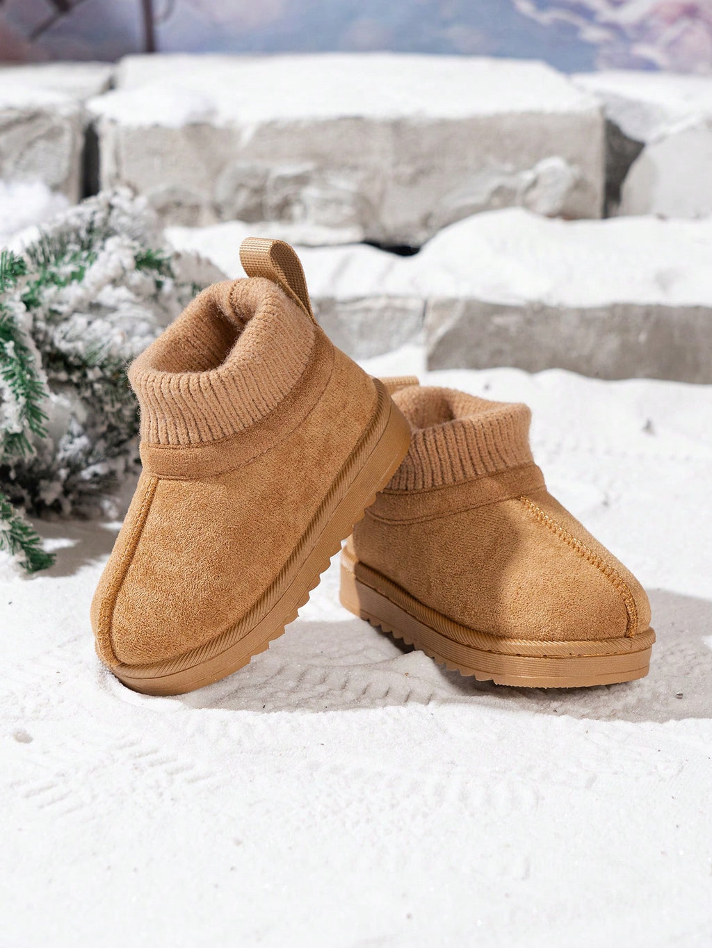 Knitted Sock Collar Snow Boots - Brown