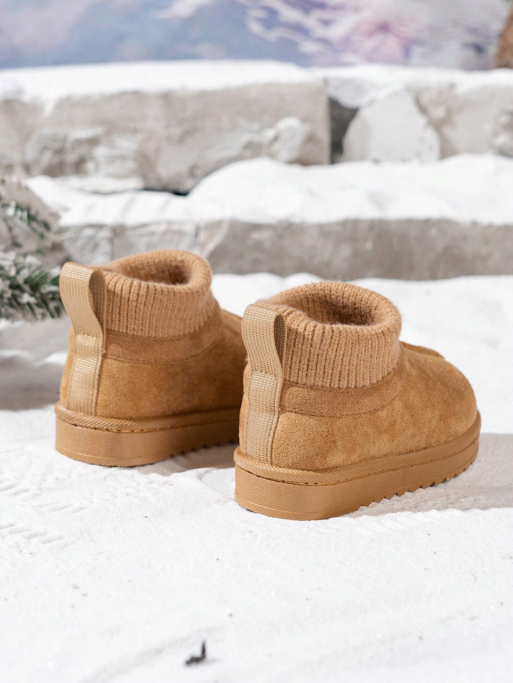 Knitted Sock Collar Snow Boots - Brown