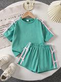 SHEIN Kids Young Girl Knitted T-Shirt And Shorts 2-Piece Set School Summer Green