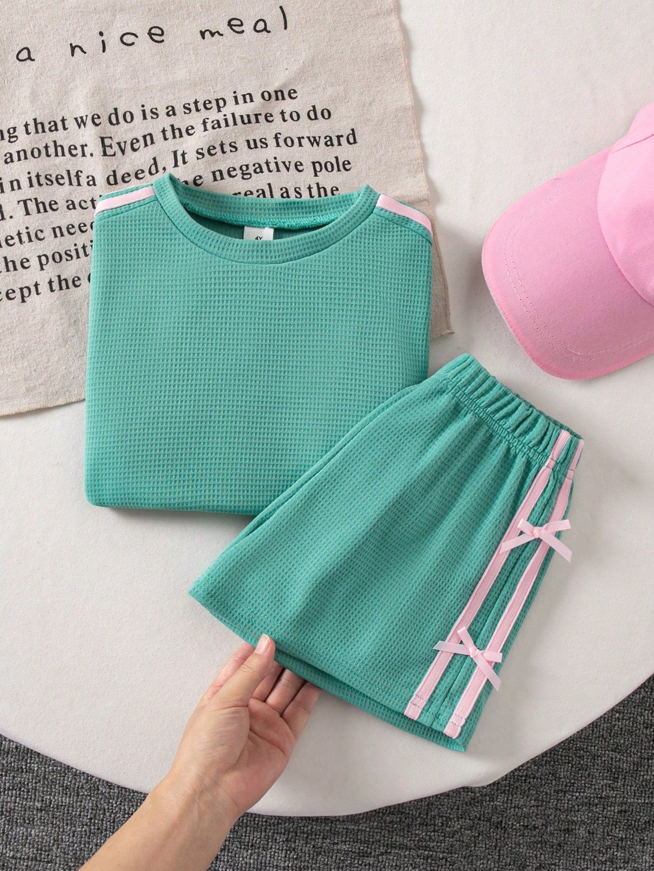 SHEIN Kids Young Girl Knitted T-Shirt And Shorts 2-Piece Set School Summer Green