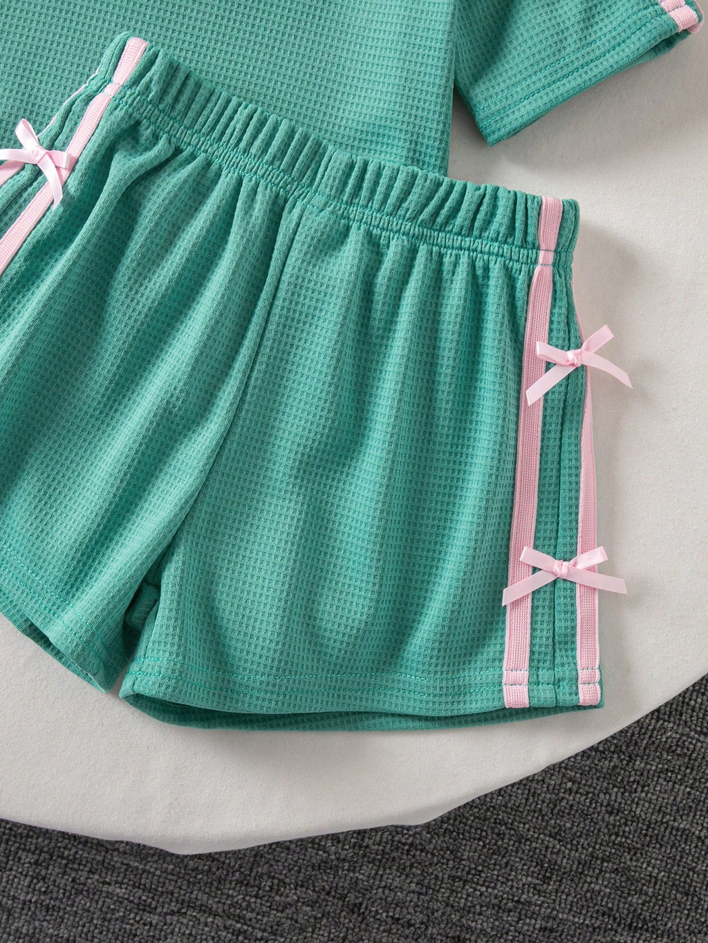SHEIN Kids Young Girl Knitted T-Shirt And Shorts 2-Piece Set School Summer Green