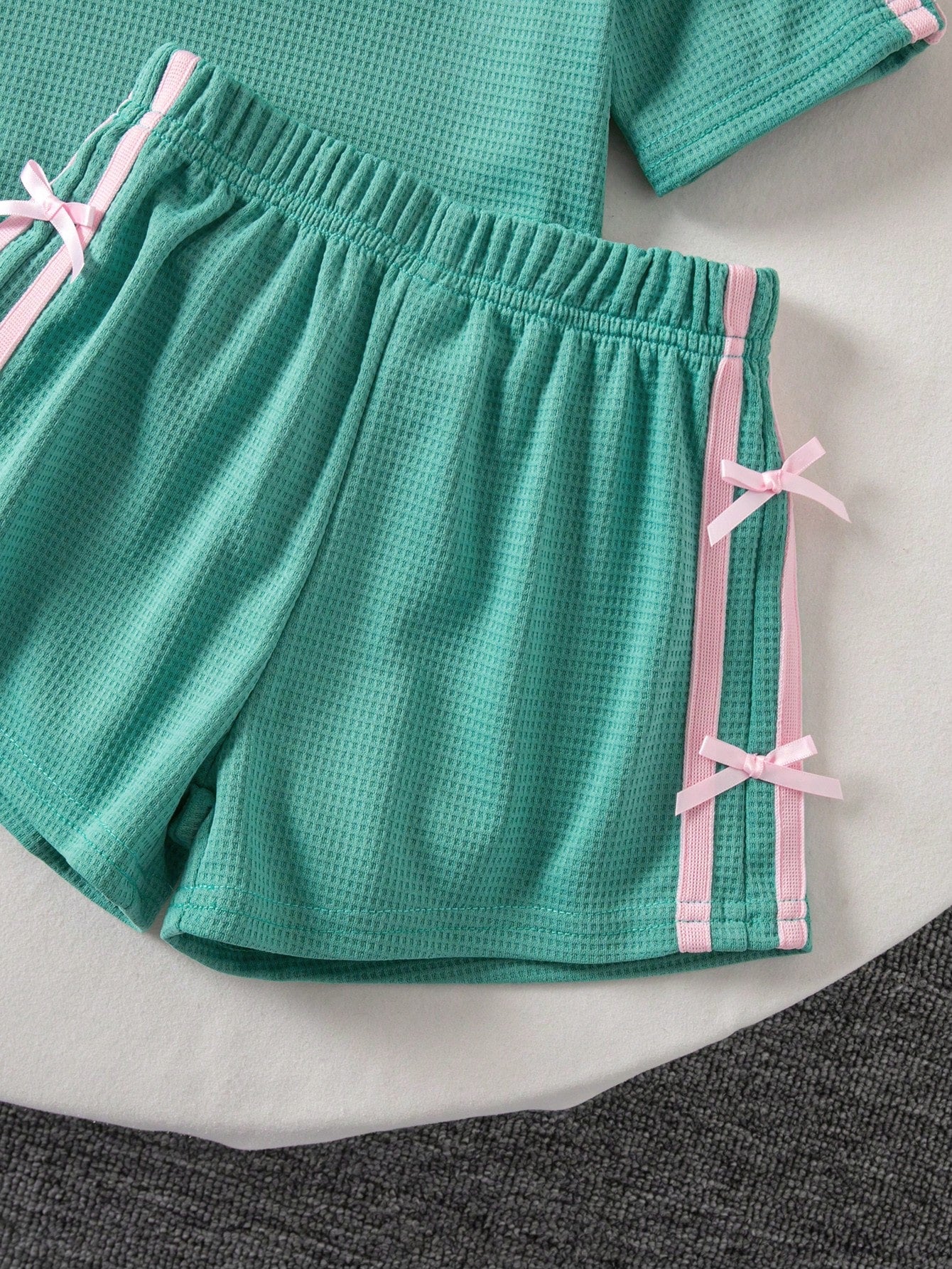 SHEIN Kids Young Girl Knitted T-Shirt And Shorts 2-Piece Set School Summer Green