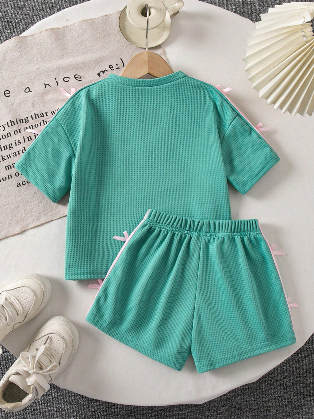 SHEIN Kids Young Girl Knitted T-Shirt And Shorts 2-Piece Set School Summer Green