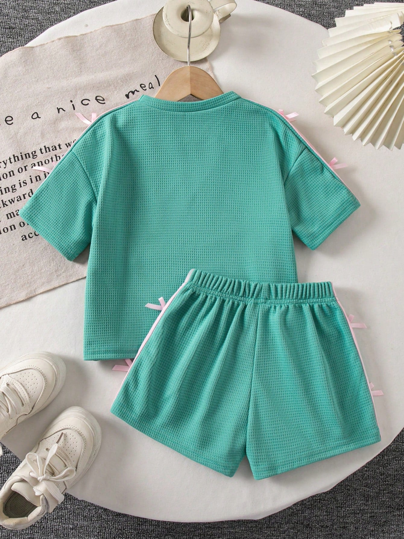 SHEIN Kids Young Girl Knitted T-Shirt And Shorts 2-Piece Set School Summer Green