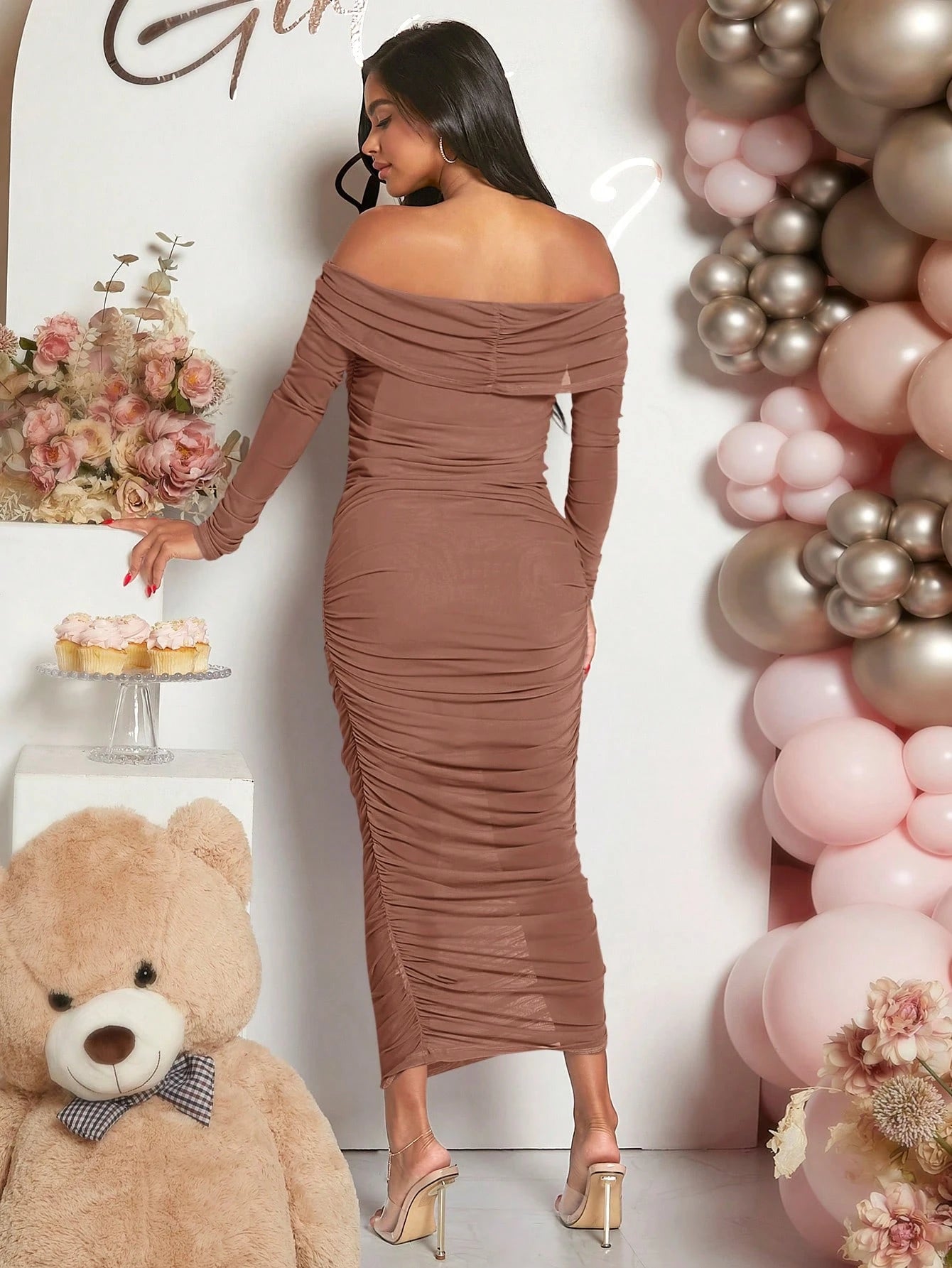 Loomaby Ruched Off-Shoulder Slim-Fit Maternity Dress Brown
