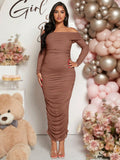 Loomaby Ruched Off-Shoulder Slim-Fit Maternity Dress Brown