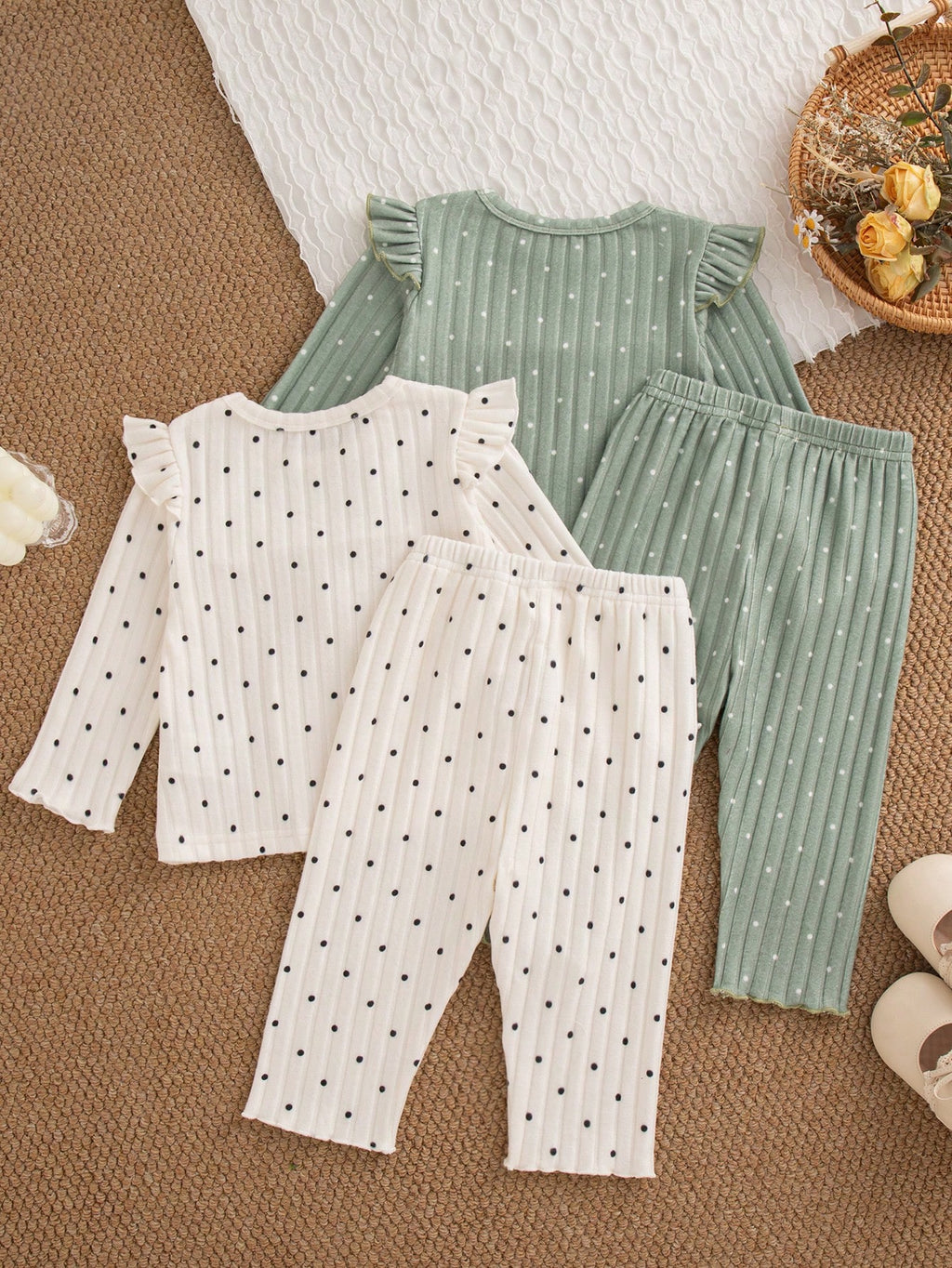 Baby Girl Cat Heart Polka Dot Ruffle 4 Piece Set