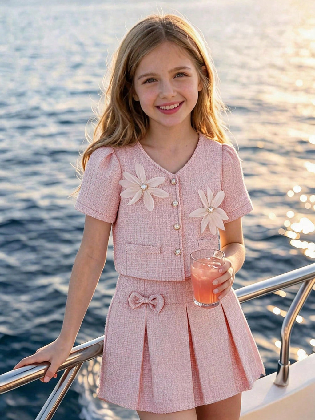 Tween Girl Spring/Summer V-Neck Bowknot Decor Button Front Top And High Waist Pleated Skirt Set, Sweet & Outfit For Party/Commute Blue