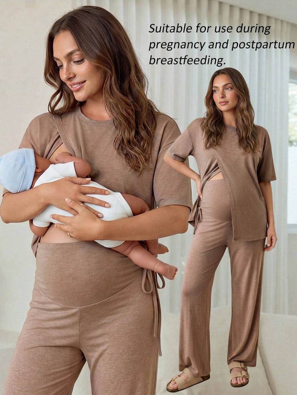 Slowluna Maternity Nursing Top & Adjustable Pants 2-Piece Lounge Set