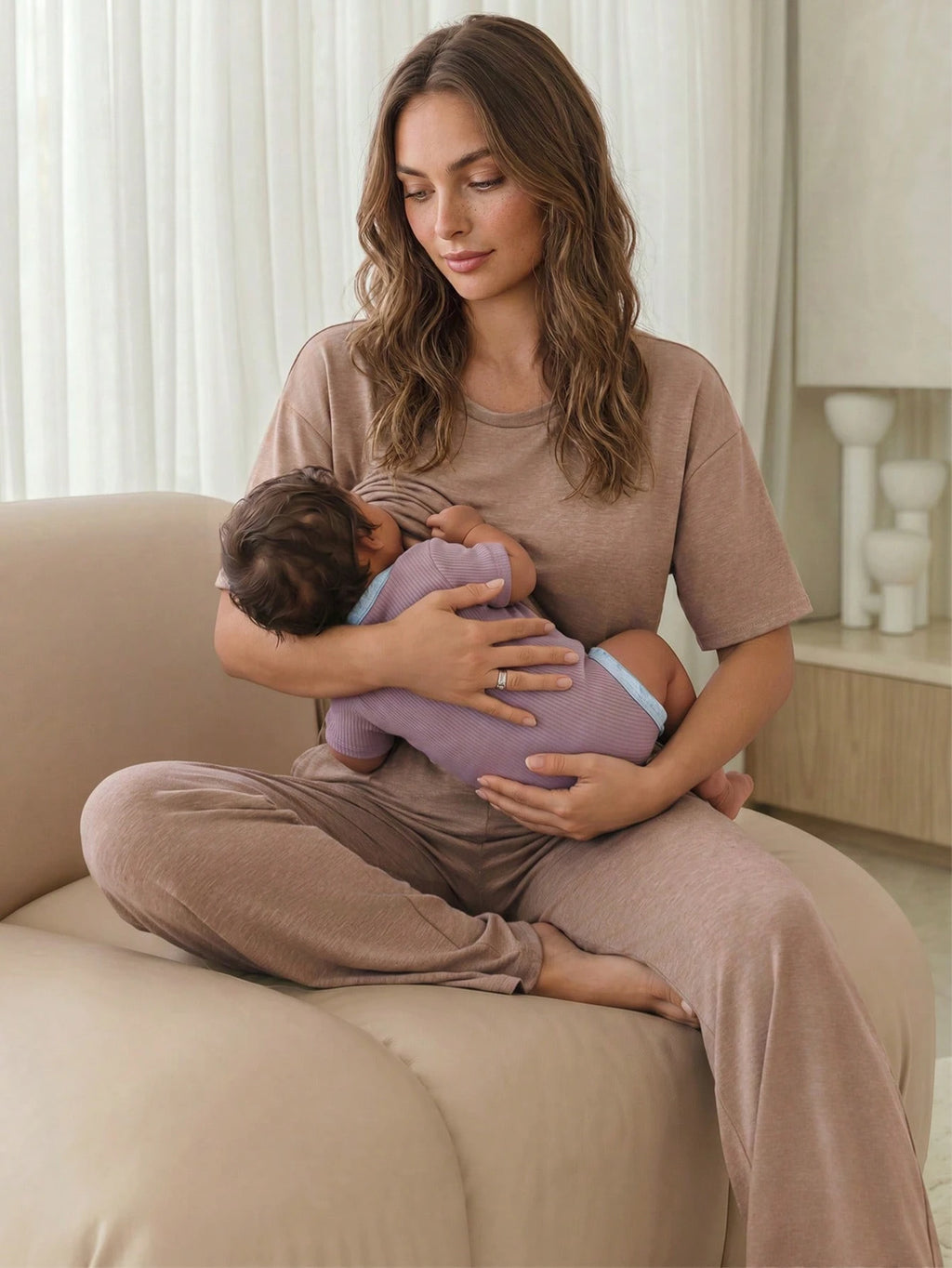 Slowluna Maternity Nursing Top & Adjustable Pants 2-Piece Lounge Set