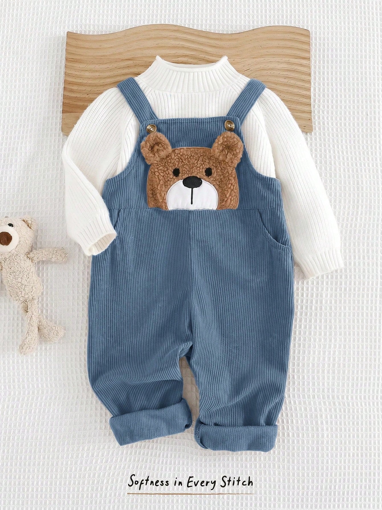 Cozy Pixies Baby Boy Cartoon Bear Pattern Overall Jumpsuit, Versatile And Comfortable, Suitable For Spring And Autumn Blue