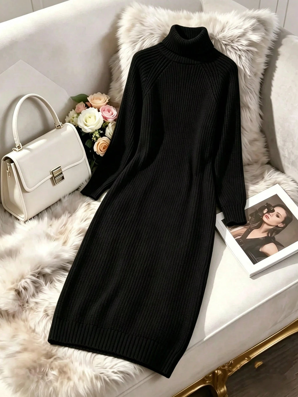 Aalyst Women's Black Turtleneck Raglan-Sleeve Sweater Dress