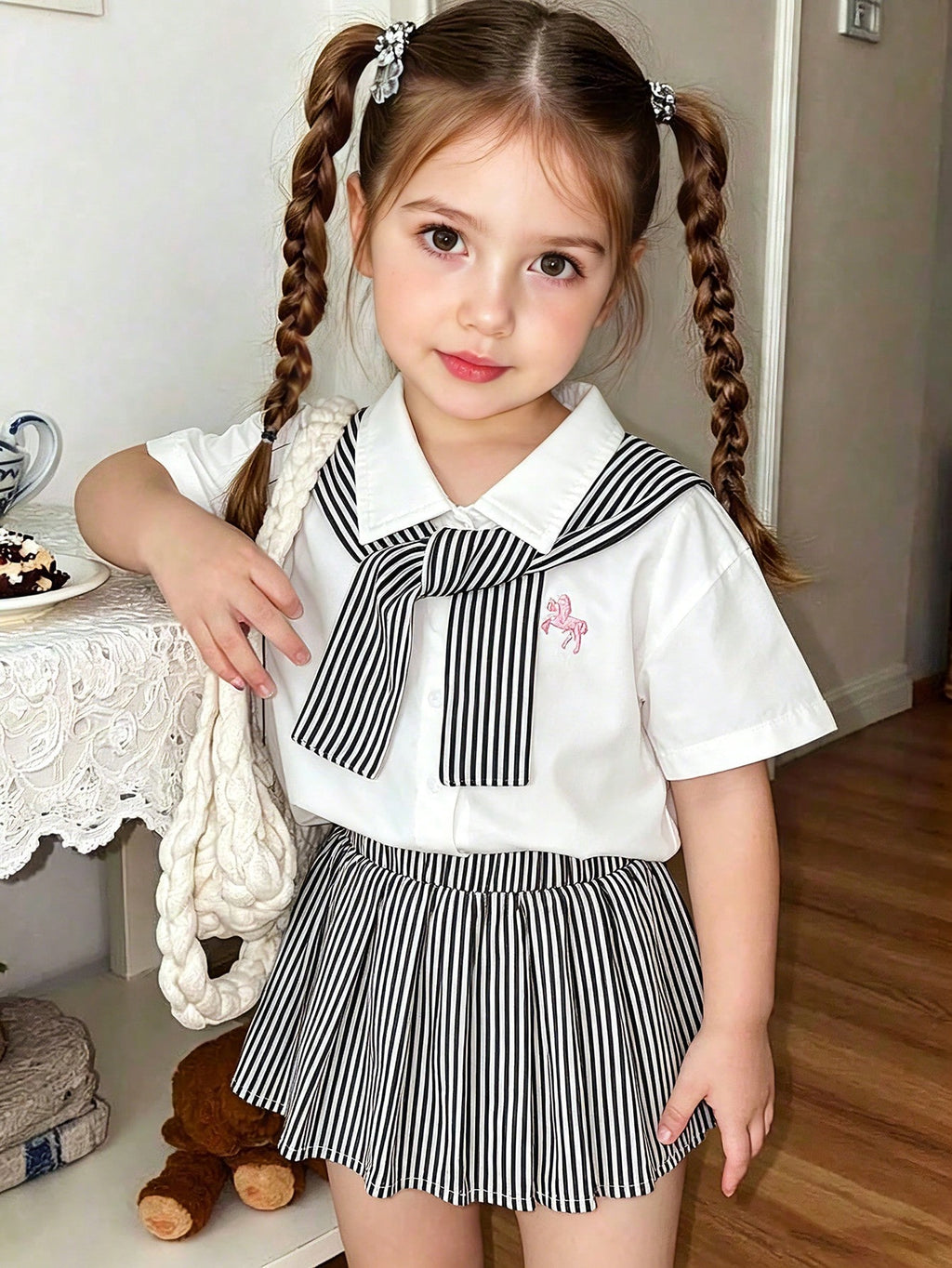 SHEIN Vintaside Ensemble chemise rayée noire et blanche pour enfants avec châle et jupe plissée bleue