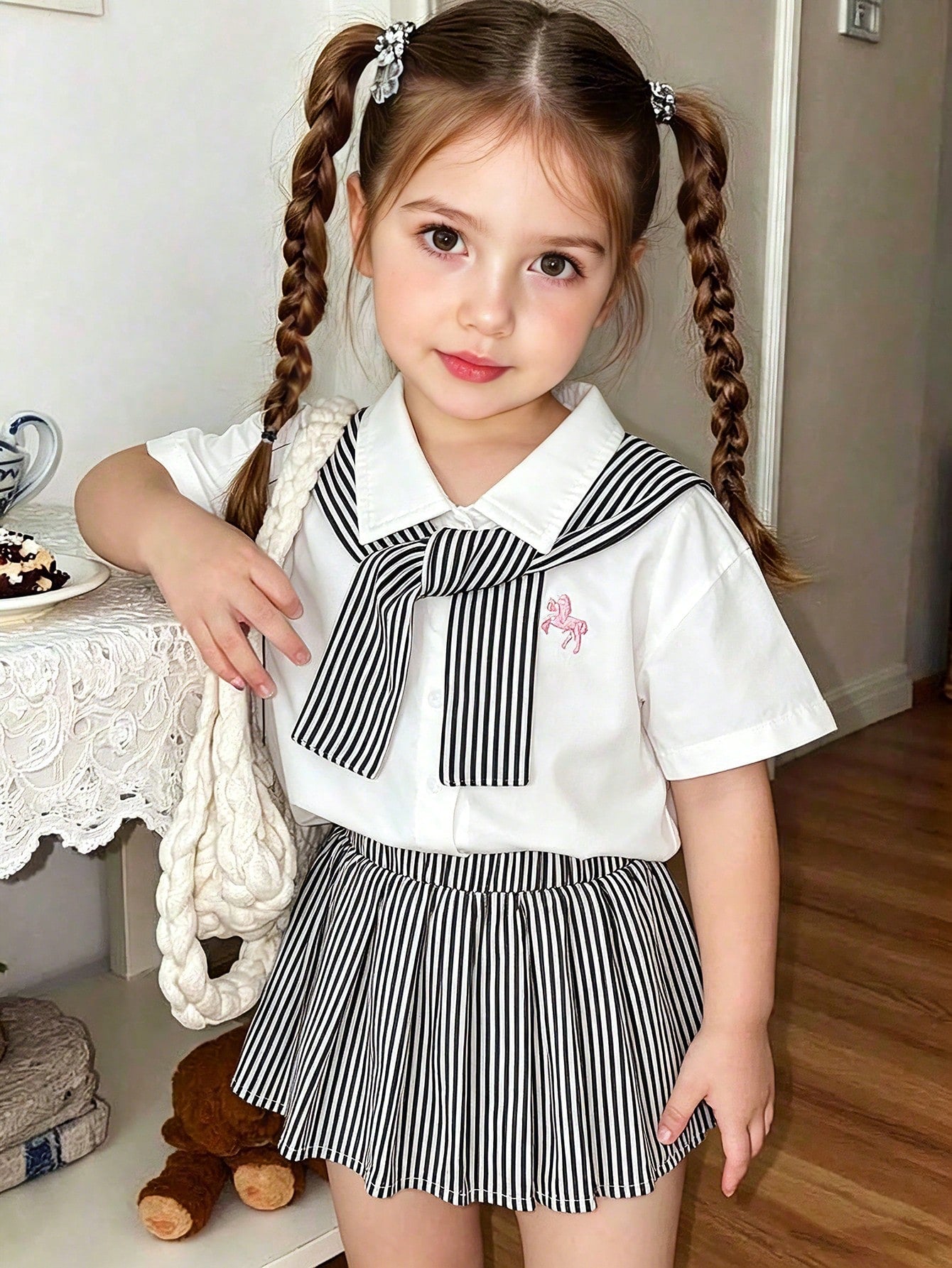 SHEIN Vintaside Ensemble chemise rayée noire et blanche pour enfants avec châle et jupe plissée bleue