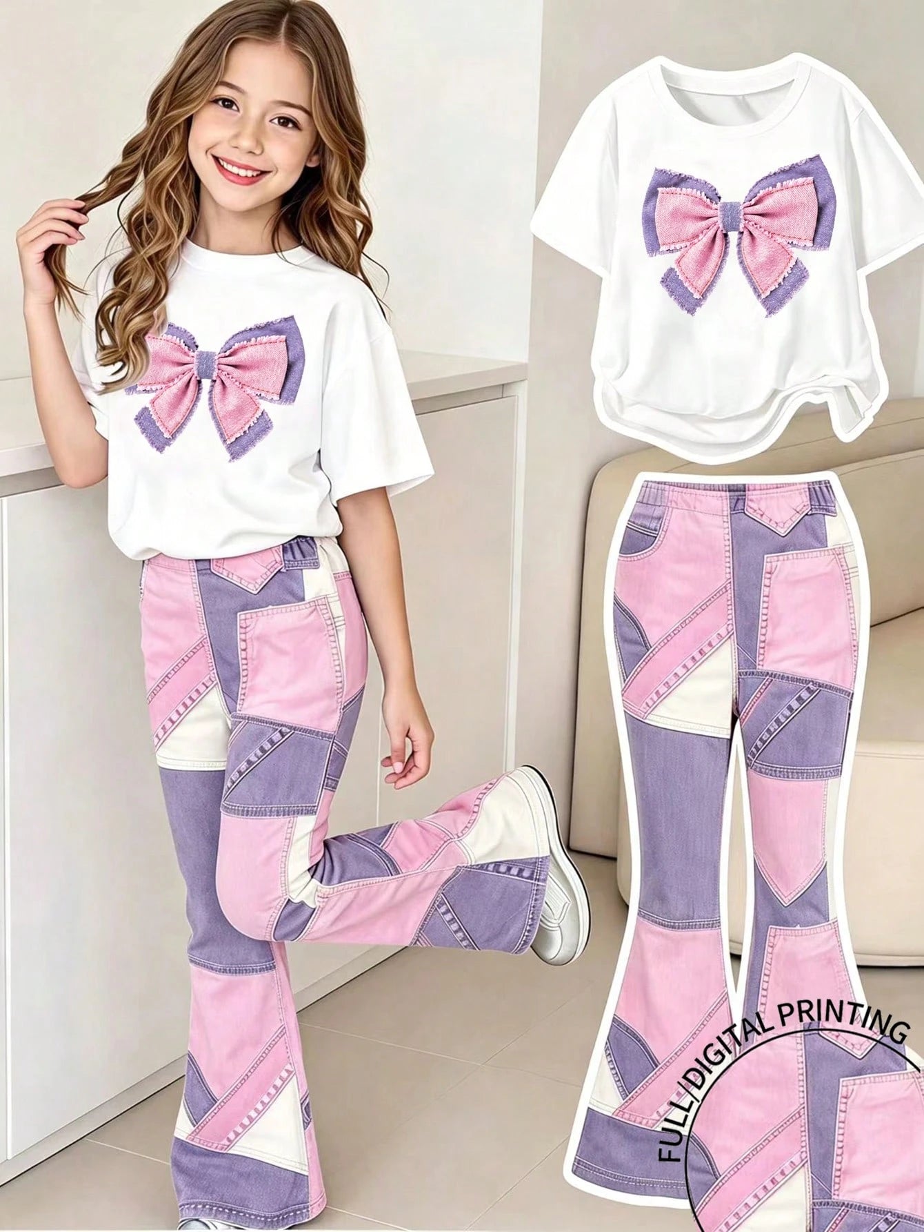 Tween Girls 2pcs/Set Digital Bowknot Pattern Short Sleeve Flare Pants Set, Spring/Summer Casual Comfortable Fashion Style,Back To School Must-Have Multicolor