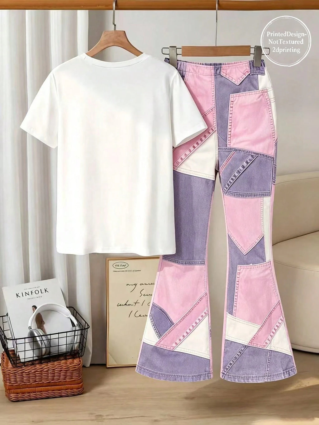 Tween Girls 2pcs/Set Digital Bowknot Pattern Short Sleeve Flare Pants Set, Spring/Summer Casual Comfortable Fashion Style,Back To School Must-Have Multicolor