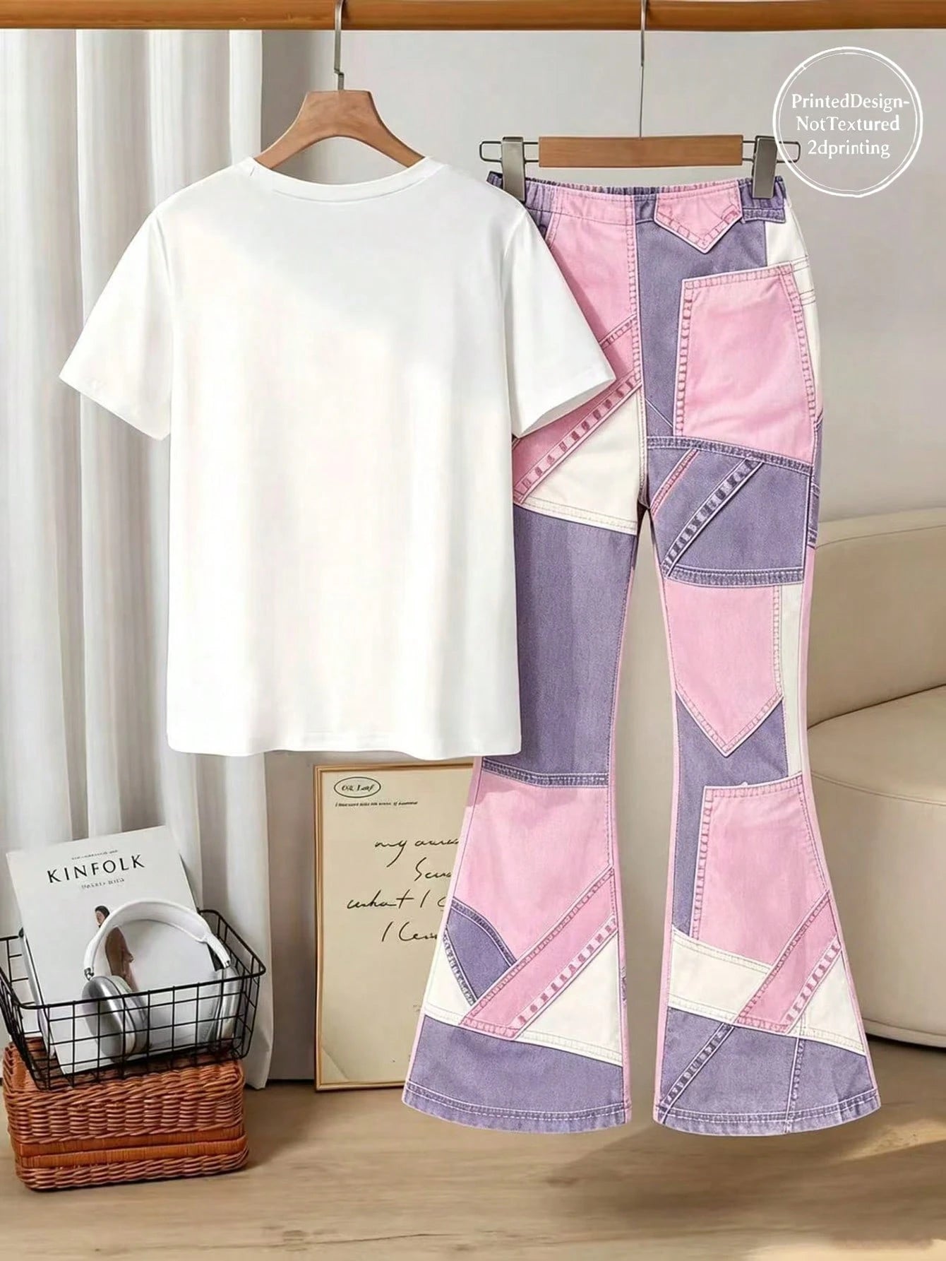 Tween Girls 2pcs/Set Digital Bowknot Pattern Short Sleeve Flare Pants Set, Spring/Summer Casual Comfortable Fashion Style,Back To School Must-Have Multicolor