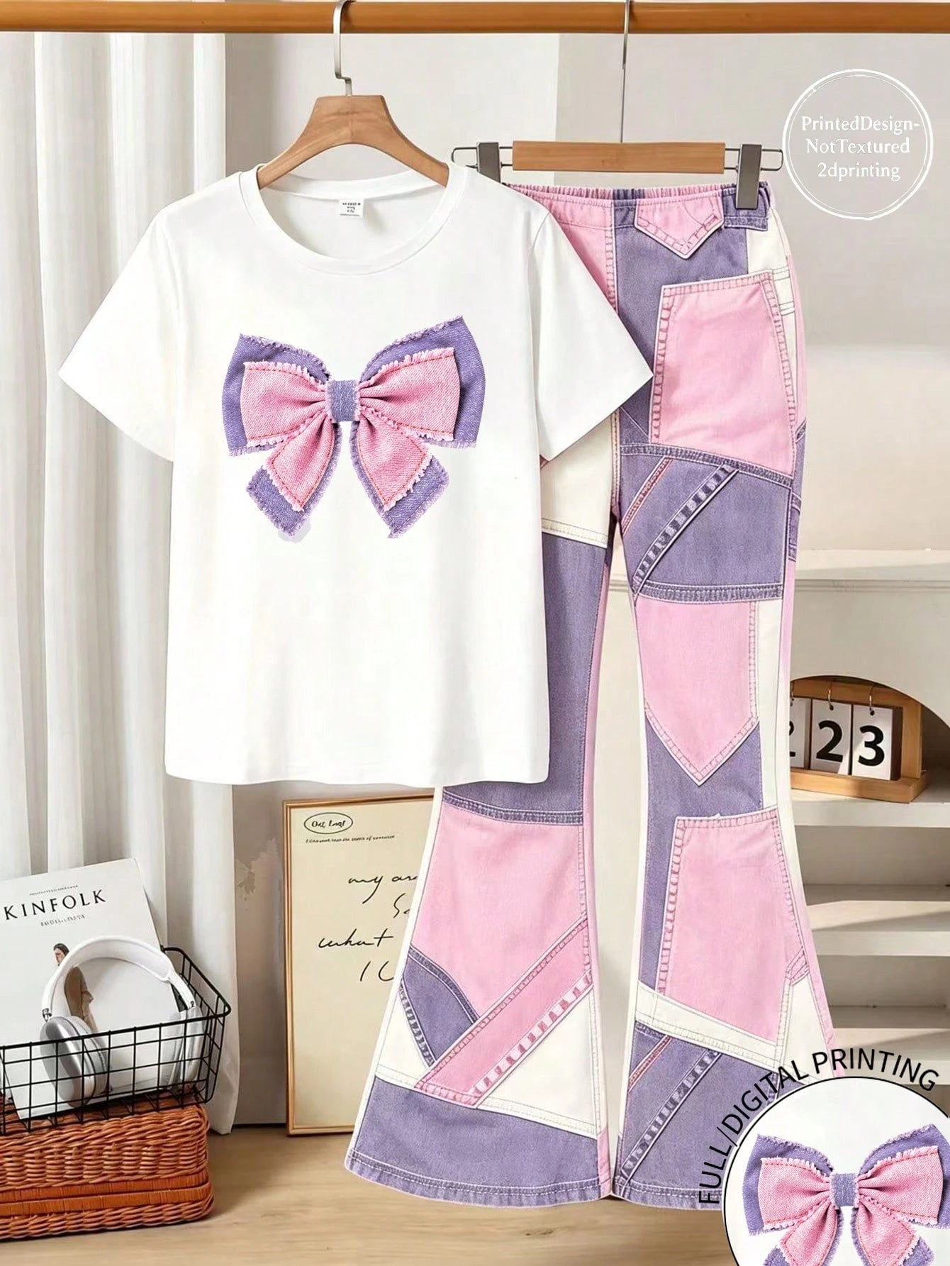 Tween Girls 2pcs/Set Digital Bowknot Pattern Short Sleeve Flare Pants Set, Spring/Summer Casual Comfortable Fashion Style,Back To School Must-Have Multicolor