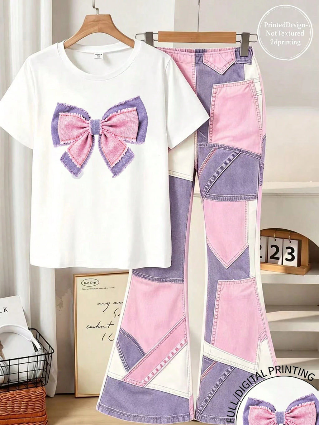 Tween Girls 2pcs/Set Digital Bowknot Pattern Short Sleeve Flare Pants Set, Spring/Summer Casual Comfortable Fashion Style,Back To School Must-Have Multicolor