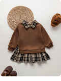Baby Girl Brown Knitted Plaid Long Sleeve Dress