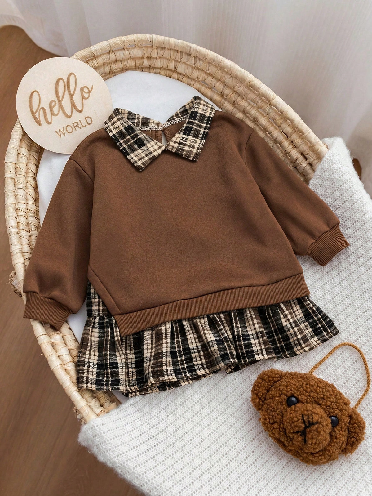 Baby Girl Brown Knitted Plaid Long Sleeve Dress