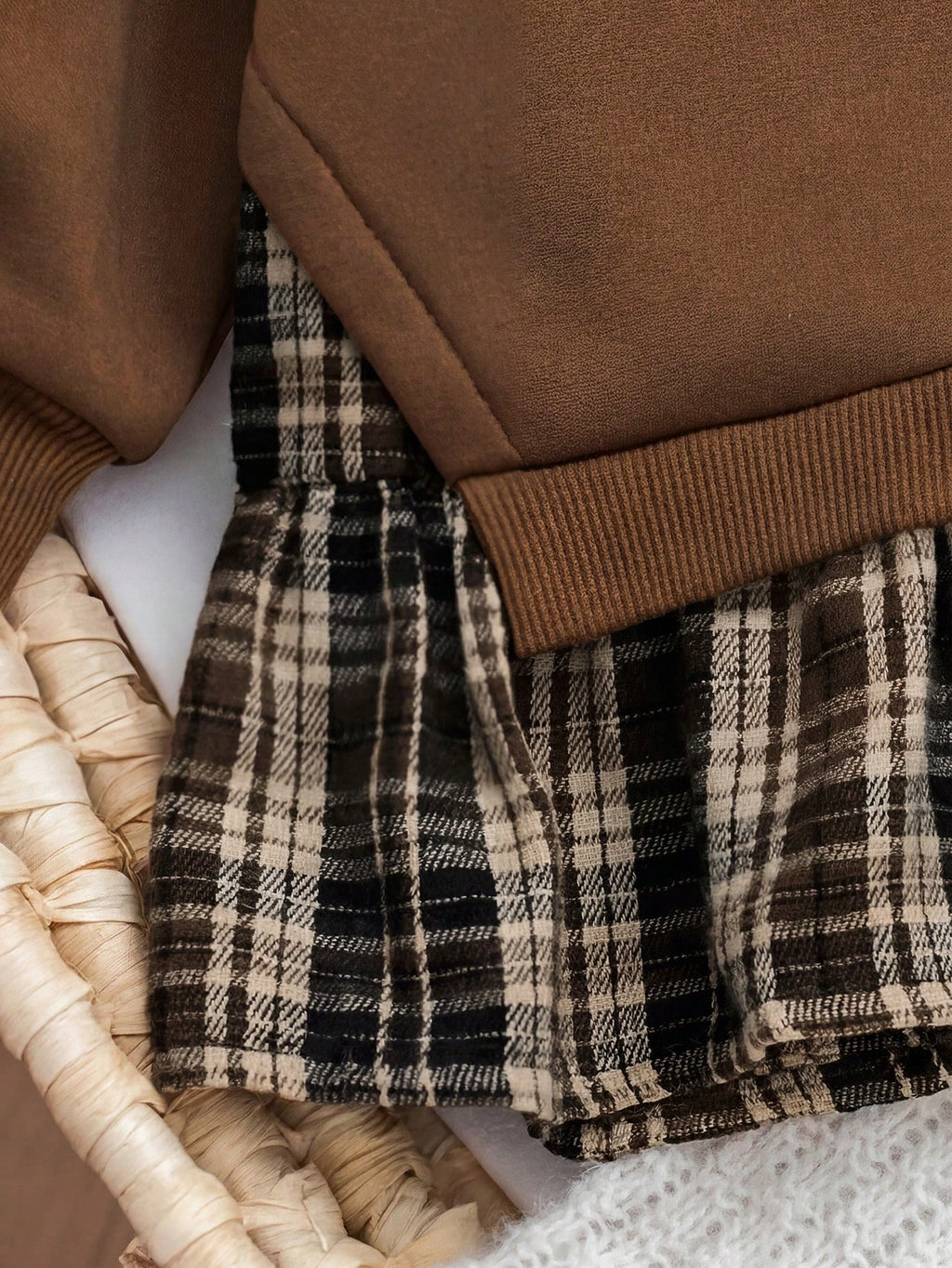 Baby Girl Brown Knitted Plaid Long Sleeve Dress