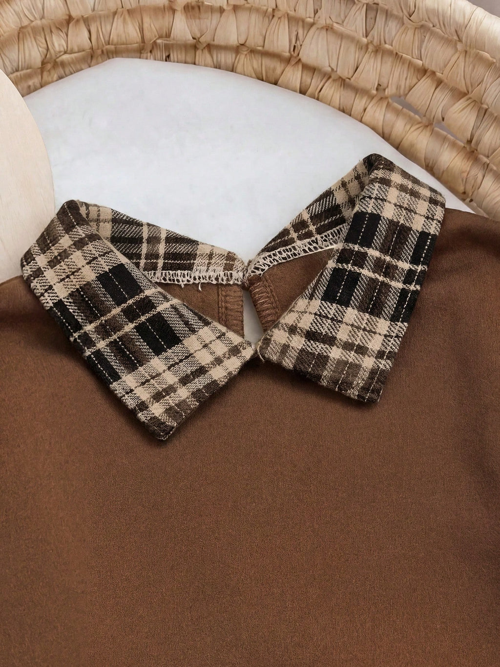 Baby Girl Brown Knitted Plaid Long Sleeve Dress