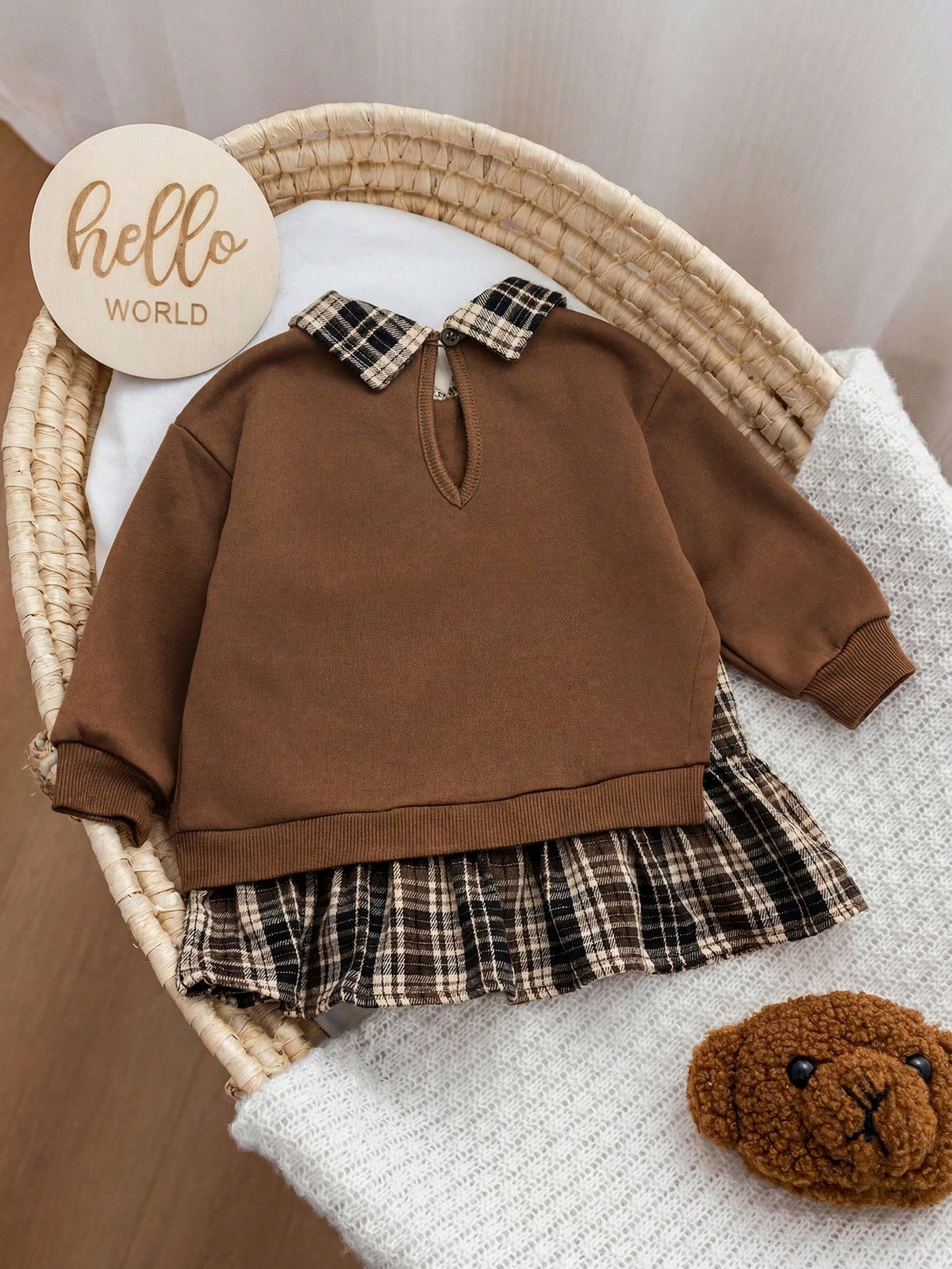 Baby Girl Brown Knitted Plaid Long Sleeve Dress