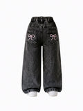 Young Girls' Vintage Grey Embroidered Straight-Leg Jeans