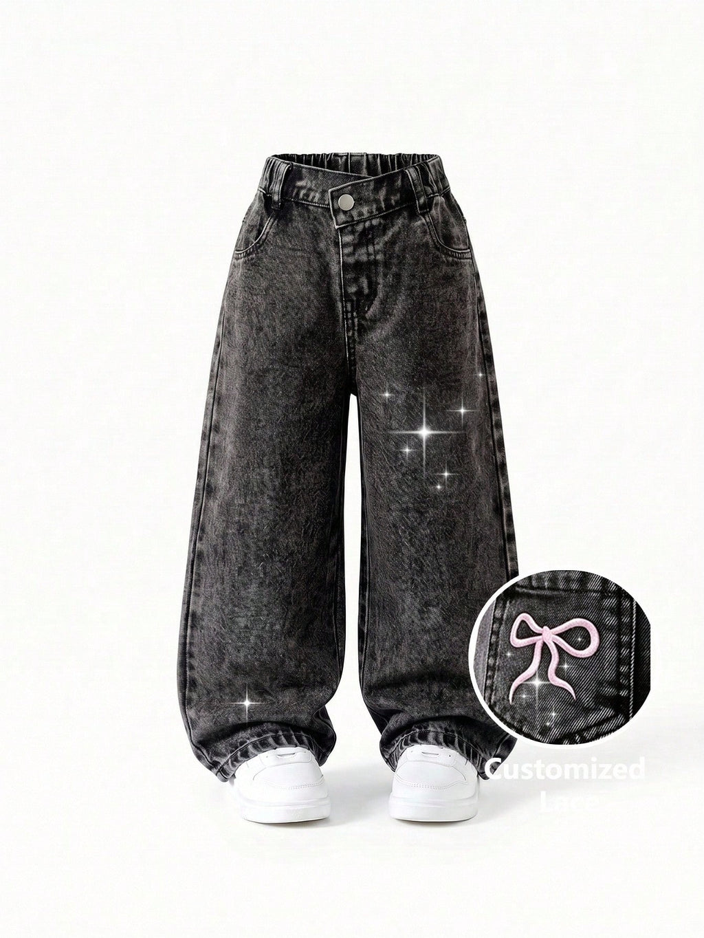 Young Girls' Vintage Grey Embroidered Straight-Leg Jeans