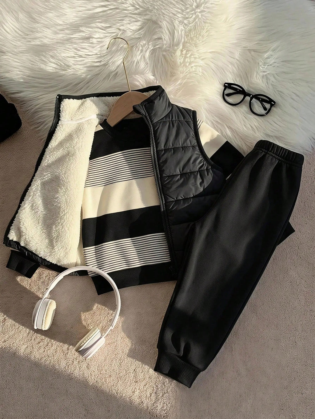 Ensemble 3 pièces gilet thermique, sweat-shirt rayé et pantalon bébé garçon