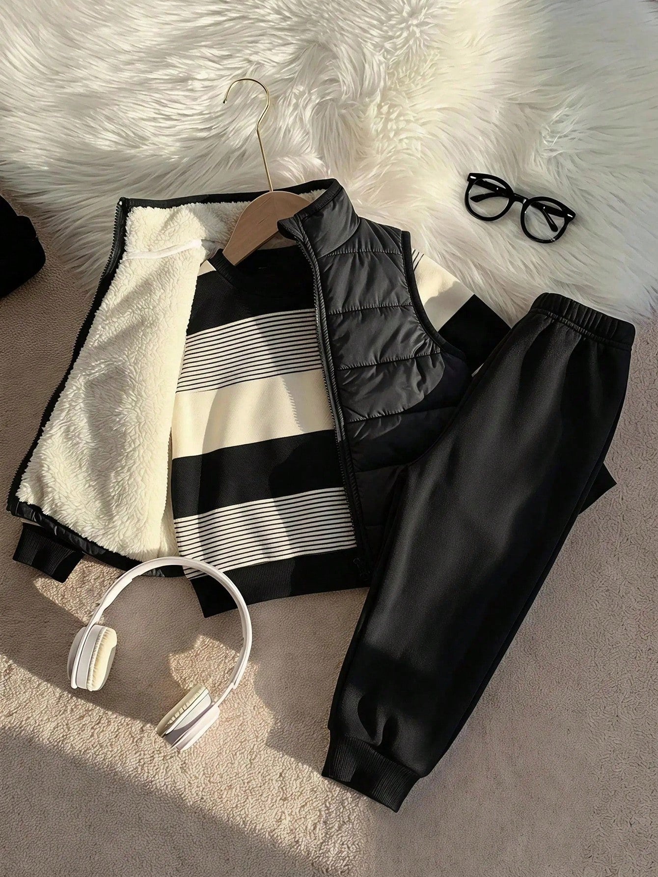 Ensemble 3 pièces gilet thermique, sweat-shirt rayé et pantalon bébé garçon