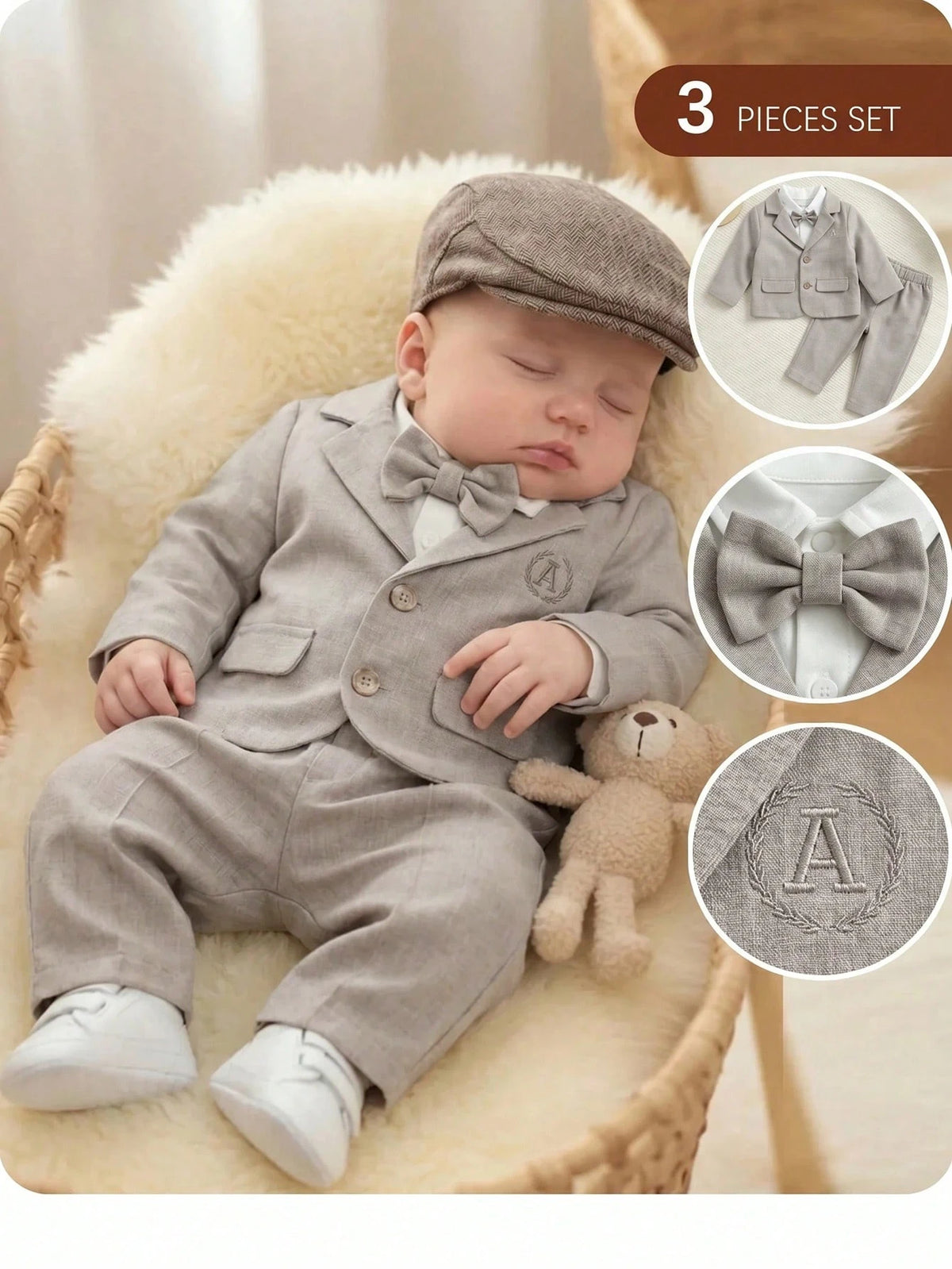Newborn Baby Boy Khaki Preppy Gentleman 3pc Set Khaki