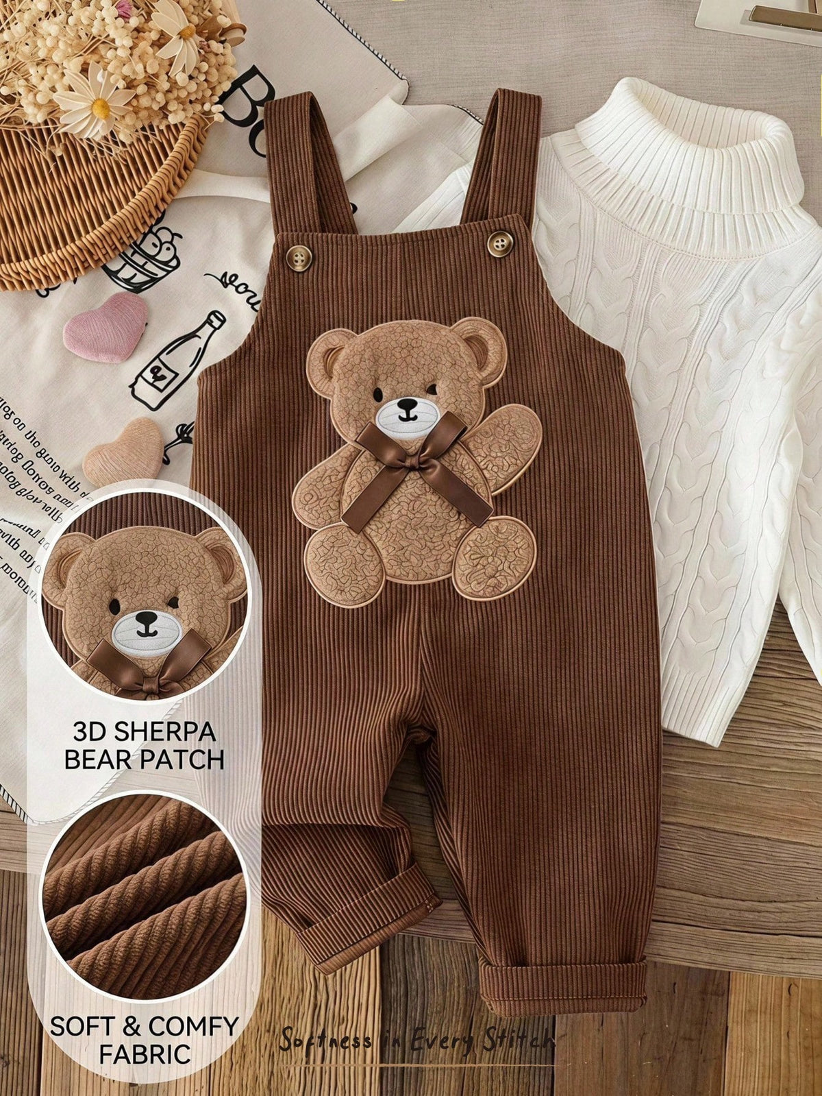 Baby Girls' 3D Plush Bear & Bow Overall Jumpsuit