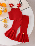 Ensemble 2 pièces bébé fille : top camisole floral et pantalon superposé rouge