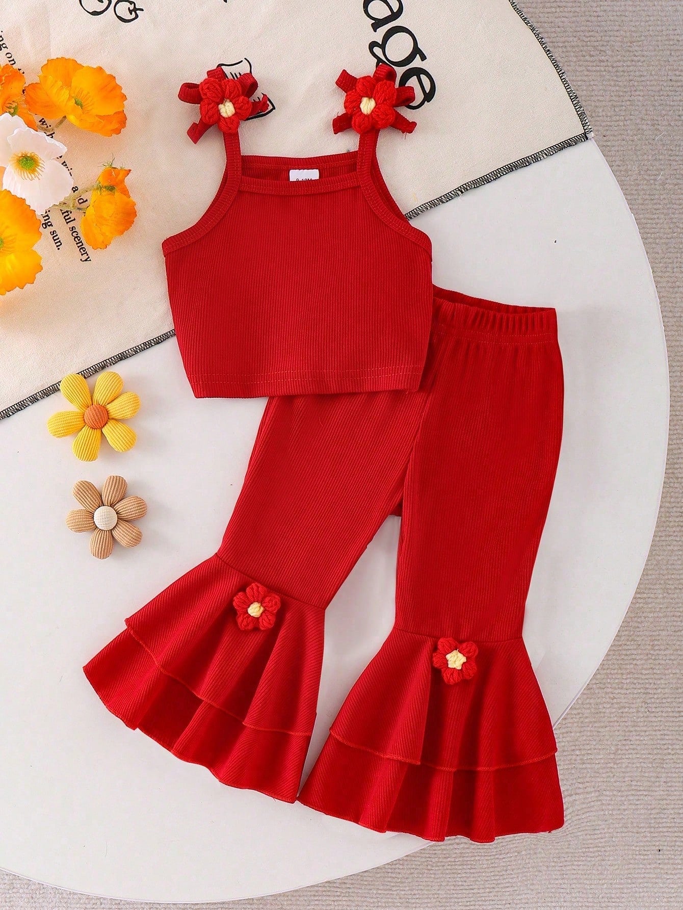 Ensemble 2 pièces bébé fille : top camisole floral et pantalon superposé rouge