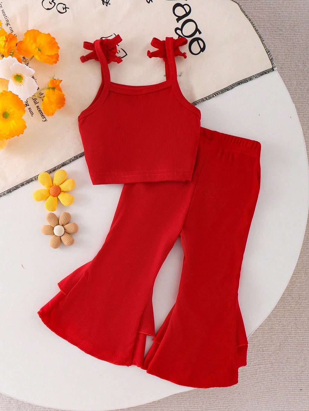 Ensemble 2 pièces bébé fille : top camisole floral et pantalon superposé rouge