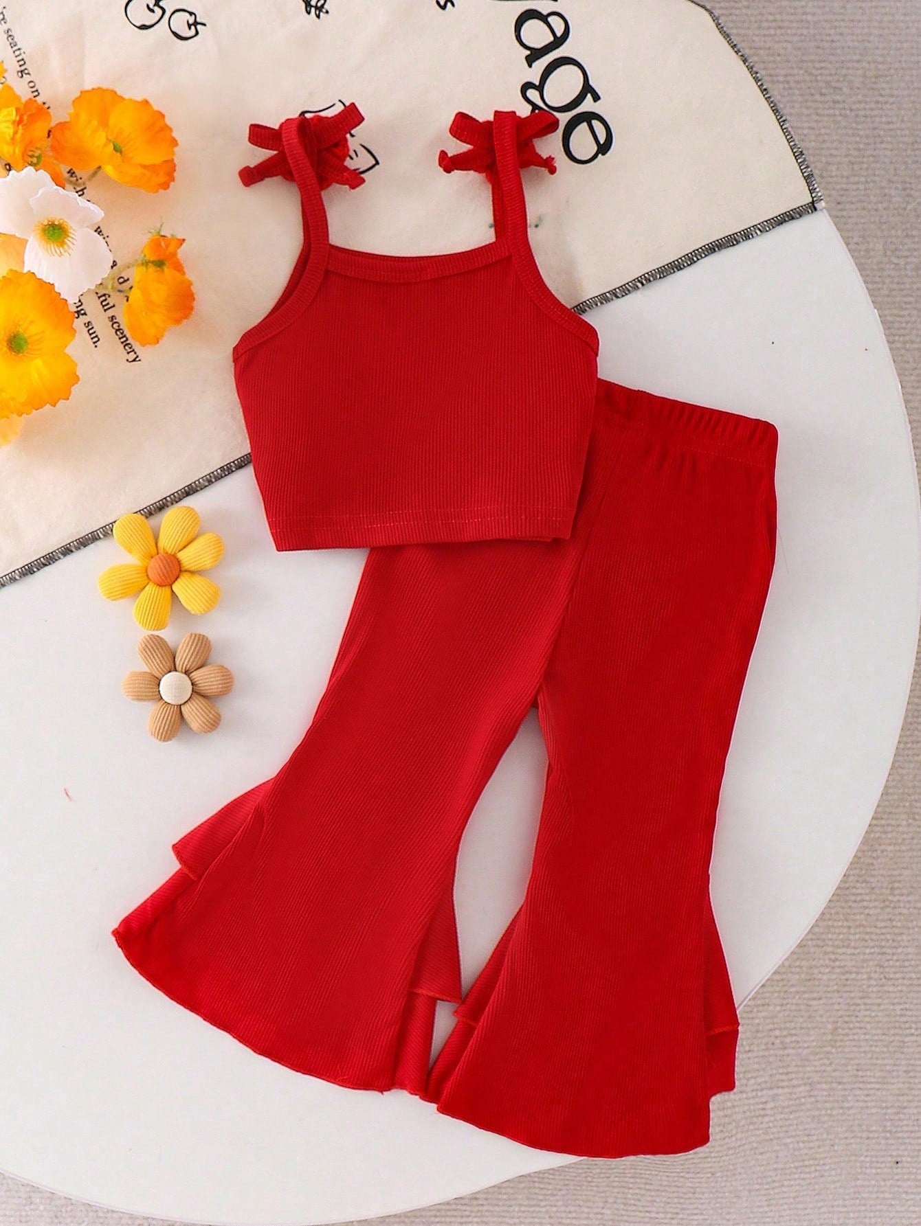 Ensemble 2 pièces bébé fille : top camisole floral et pantalon superposé rouge