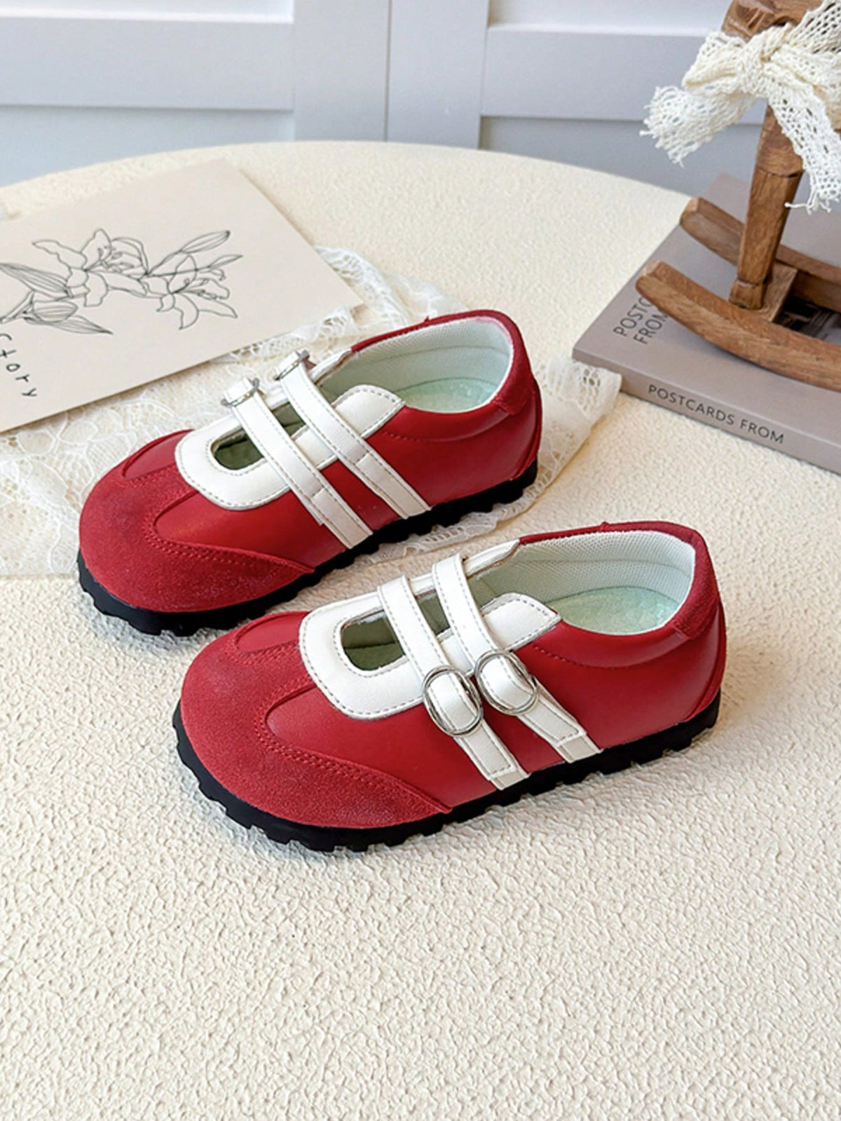 Kids' Red & White Double-Buckle Non-Slip Soft-Sole Flat Shoes