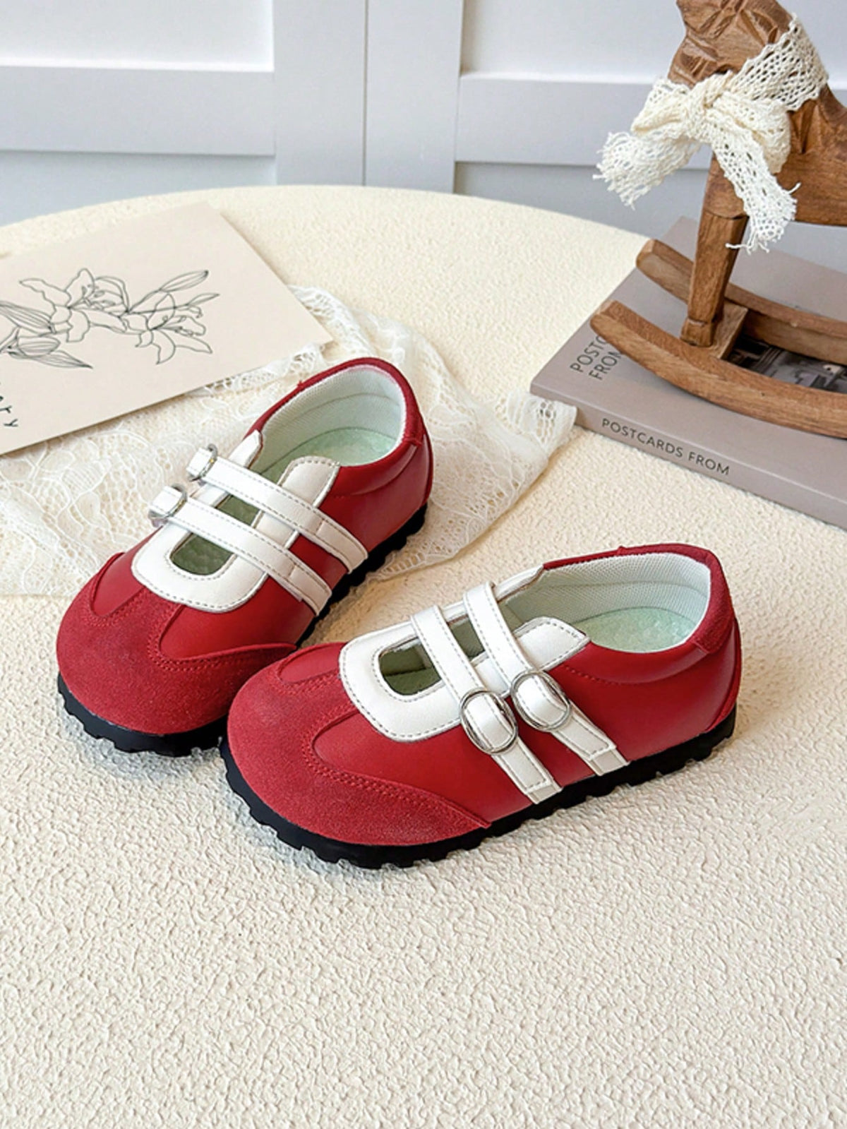 Kids' Red & White Double-Buckle Non-Slip Soft-Sole Flat Shoes