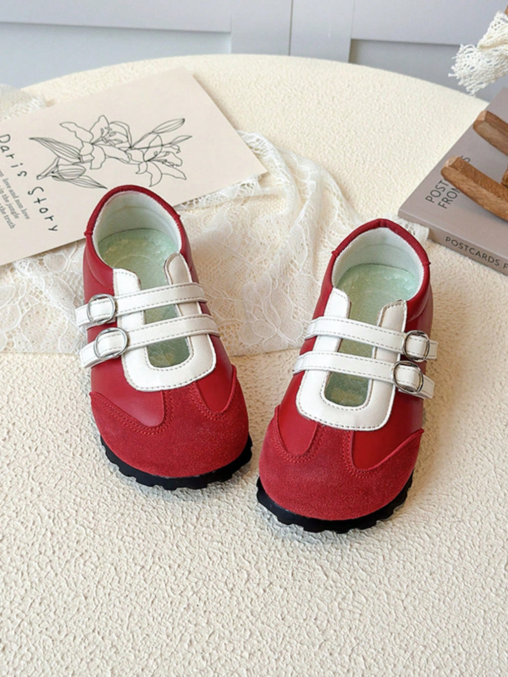 Kids' Red & White Double-Buckle Non-Slip Soft-Sole Flat Shoes