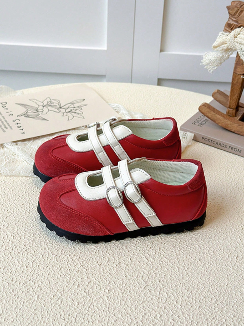Kids' Red & White Double-Buckle Non-Slip Soft-Sole Flat Shoes
