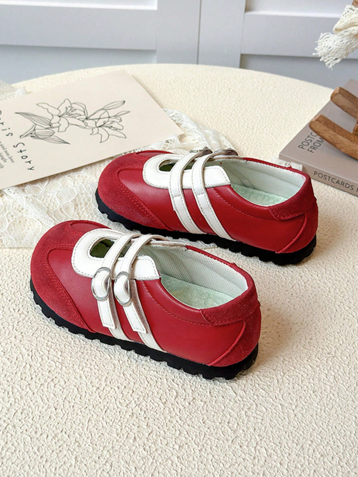 Kids' Red & White Double-Buckle Non-Slip Soft-Sole Flat Shoes