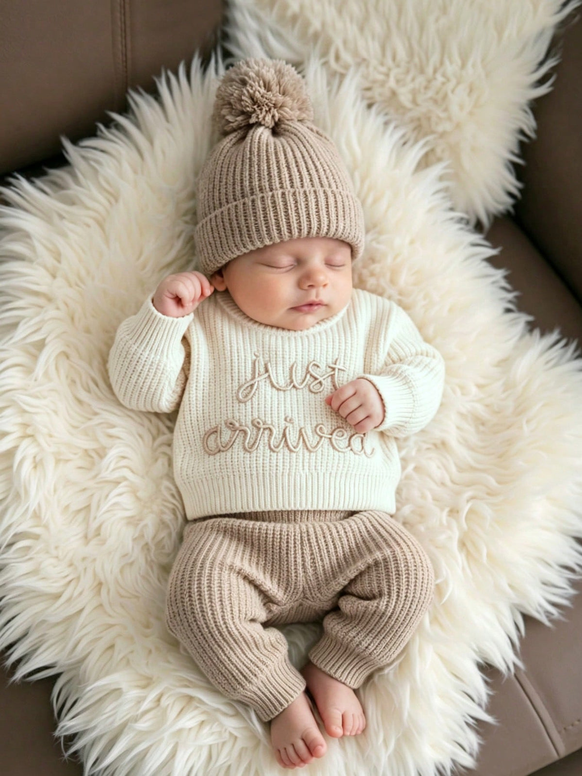 Newborn Baby White Knitted Tops Pants Hat 3pc Set