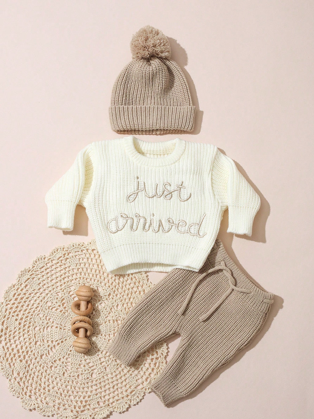 Newborn Baby White Knitted Tops Pants Hat 3pc Set