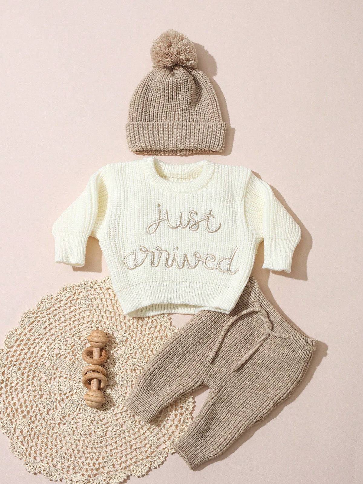 Newborn Baby White Knitted Tops Pants Hat 3pc Set