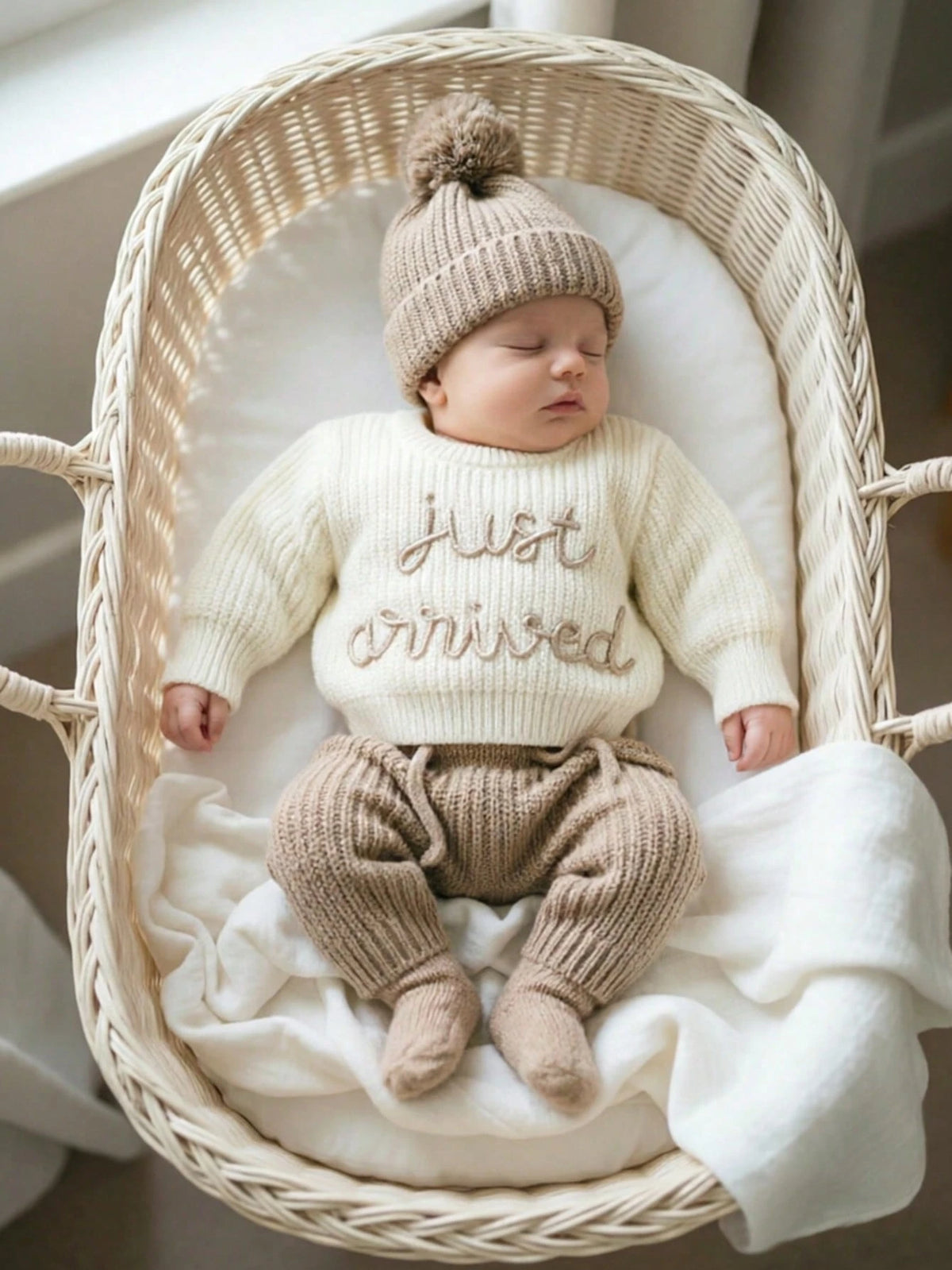Newborn Baby White Knitted Tops Pants Hat 3pc Set