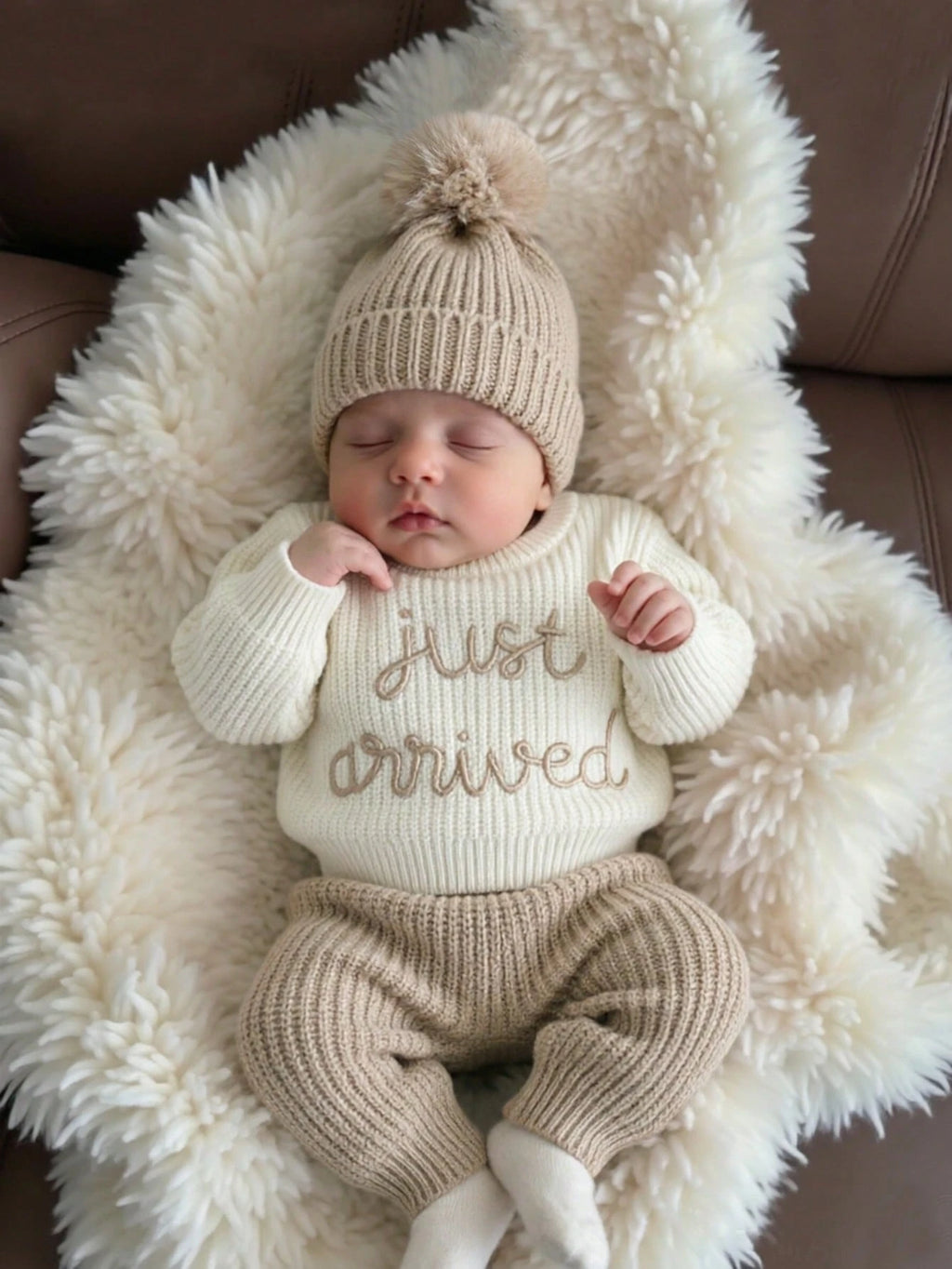 Newborn Baby White Knitted Tops Pants Hat 3pc Set