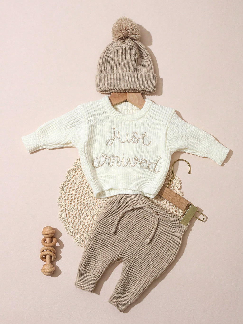 Newborn Baby White Knitted Tops Pants Hat 3pc Set