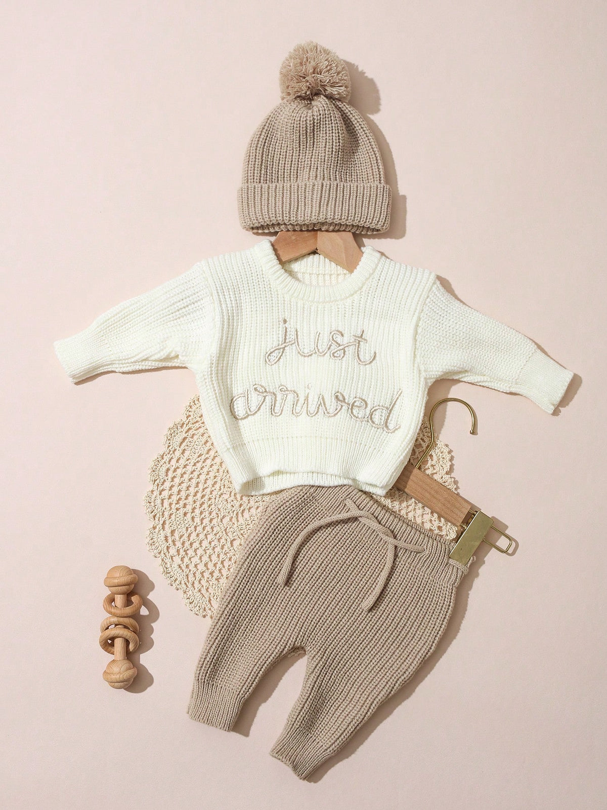 Newborn Baby White Knitted Tops Pants Hat 3pc Set